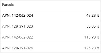 example list of four parcel numbers with buffer distance measured in feet
