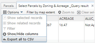 Parcels tab open with Export all to CSV selected