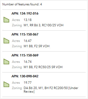 Zoning and Acreage Query Tool results displaying the parcel number, acreage, and zoning for 4 example parcels