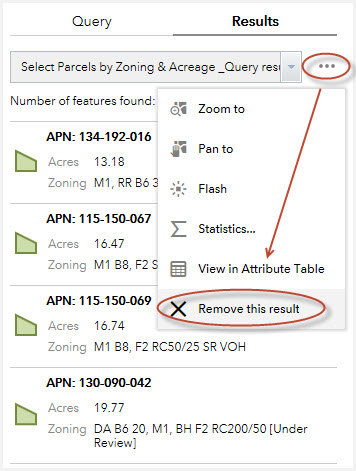 Zoning and Acreage Query Tool results for 4 example parcels with the Remove this result option circled