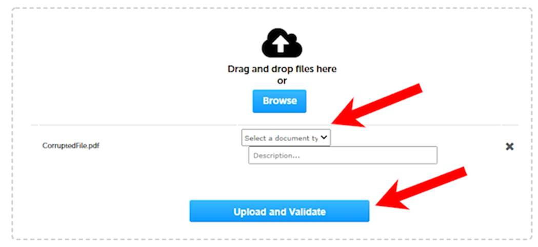 File upload window via drag and drop or browse