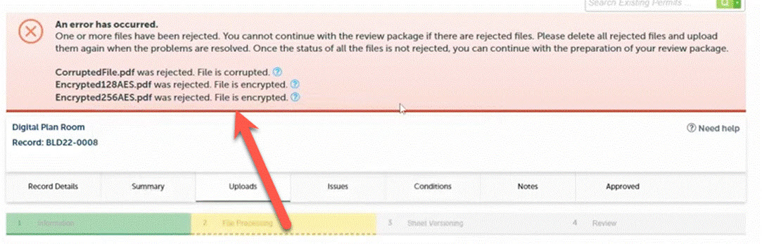 File upload error notice listing files that had problems with upload