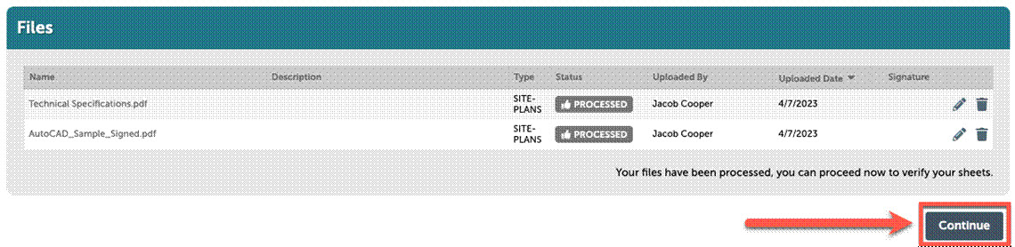 List of processed files with arrow pointing to Continue button