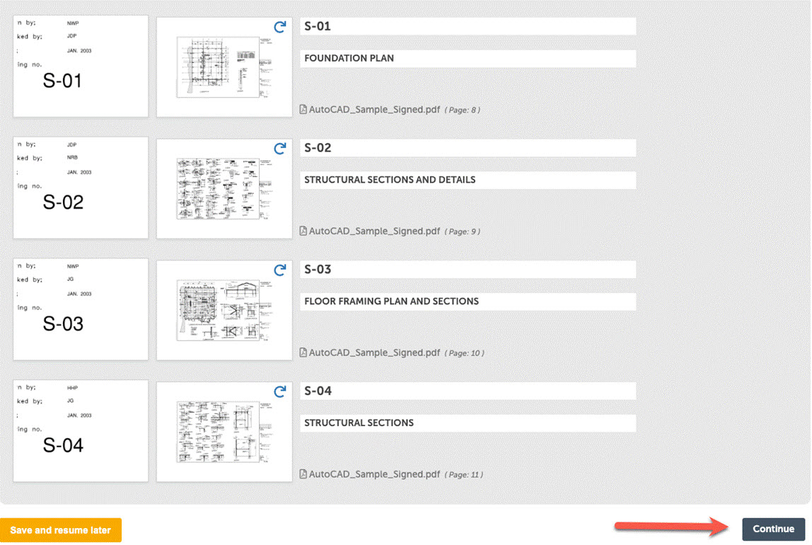 List of sheet numbers with thumbnail images of sheets