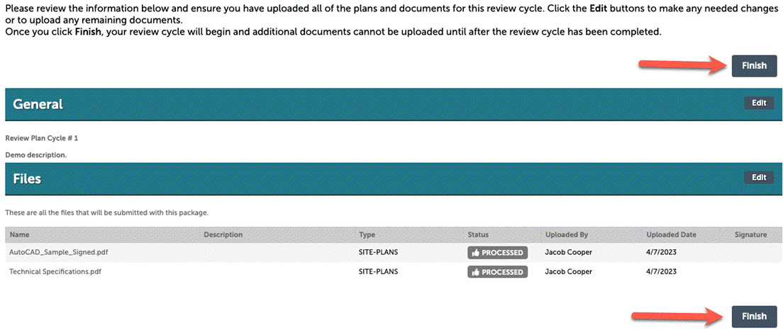 Final file upload screen for submitting review package with arrow pointing at Finish button