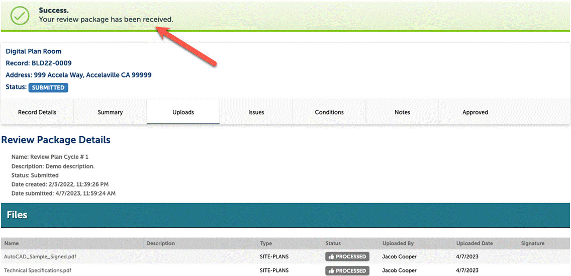 Message indicating successful submission of review package