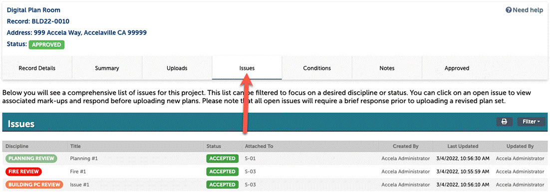 Digital Plan Room Issues list with arrow pointing to Issues button