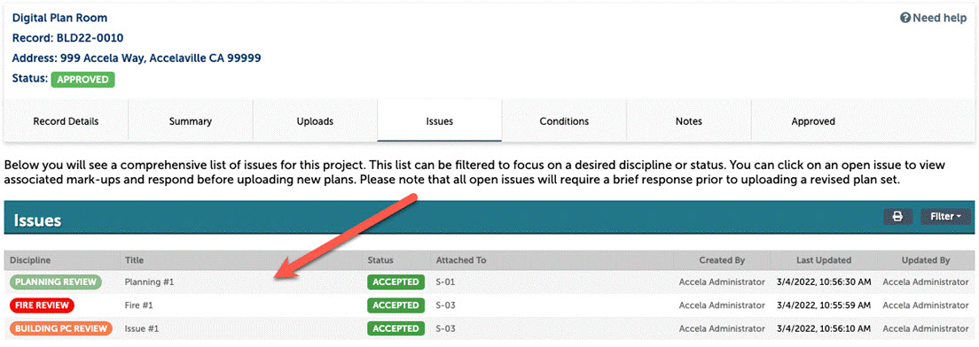 Issues list with arrow pointing to one of the issues to select