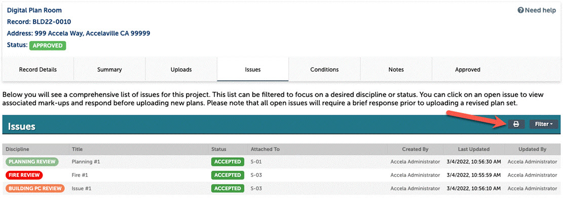 Issues list with arrow pointing to Print icon button