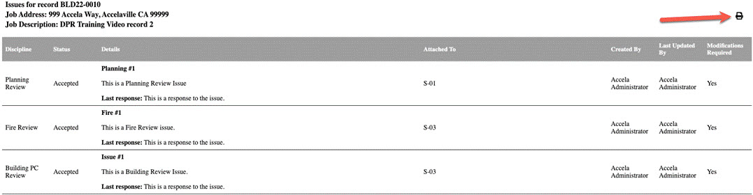 Issues list displayed in printer format (how it will appear on paper) with arrrow pointing to the Print icon