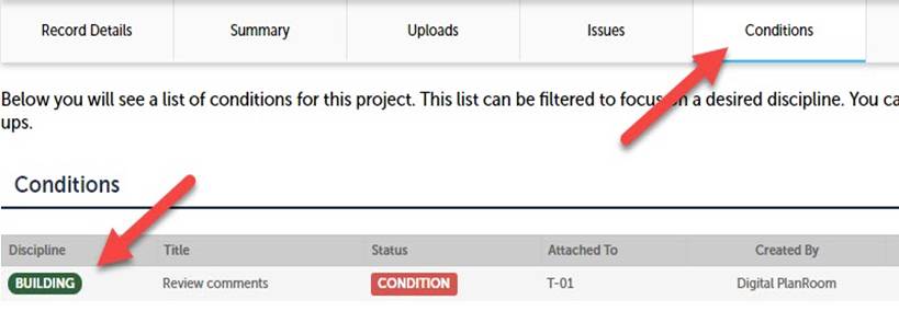 Conditions list with arrow pointing to Conditions button and arrow pointing to a Condition item