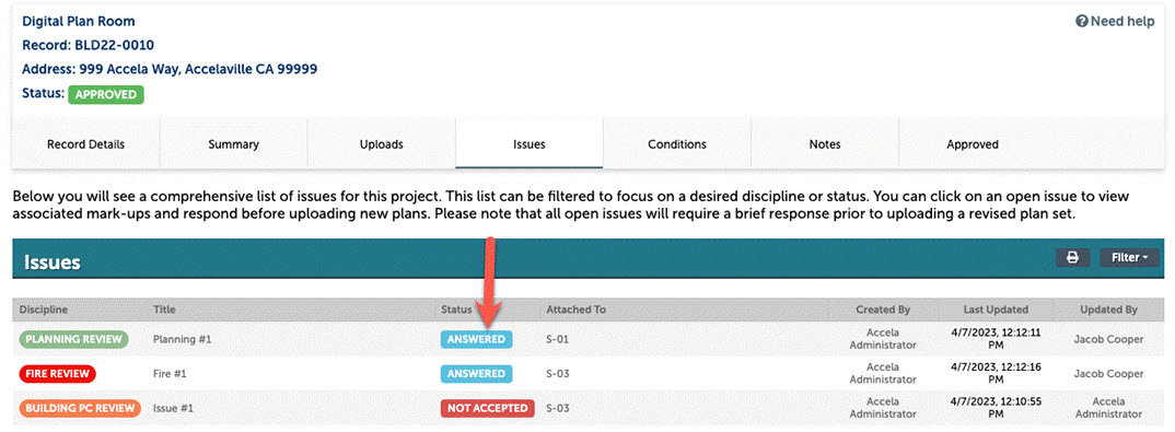 Issues list with arrow pointing to the Status column