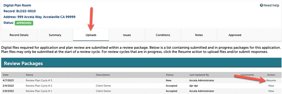 Review Packages list with arrow pointing to Uploads